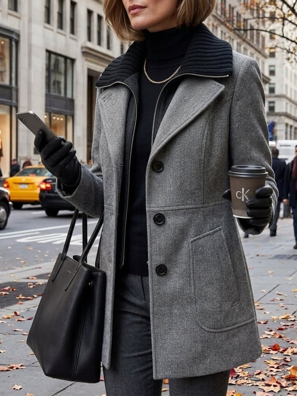 Calvin Klein Gray with Black Collar Wool Blend Pea Coat